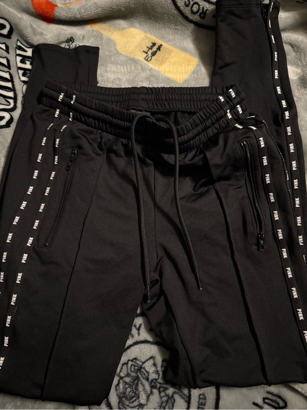 PINK Victoria's Secret Black Track Joggers with White Logo Tape nwot